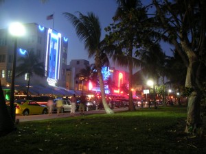 View of neon lit buildings in Miami at night as part of The Everglades where to stay