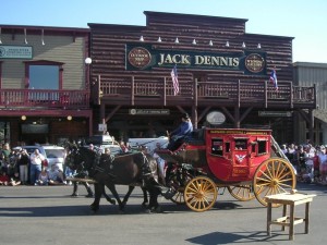 Stagecoach at the evening shoot out in Jackson, gateway to Grand Teton and Yellowston National Park