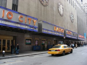 Yellow taxi outisde Radio City Music Hall, NYC