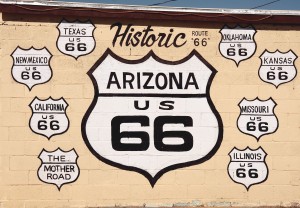 Road sign of route 66, popular drive for car hire
