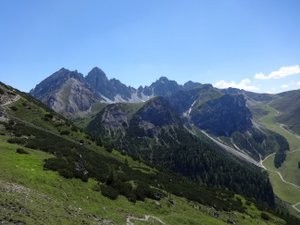 View of high Mountain summits & ski area in summer